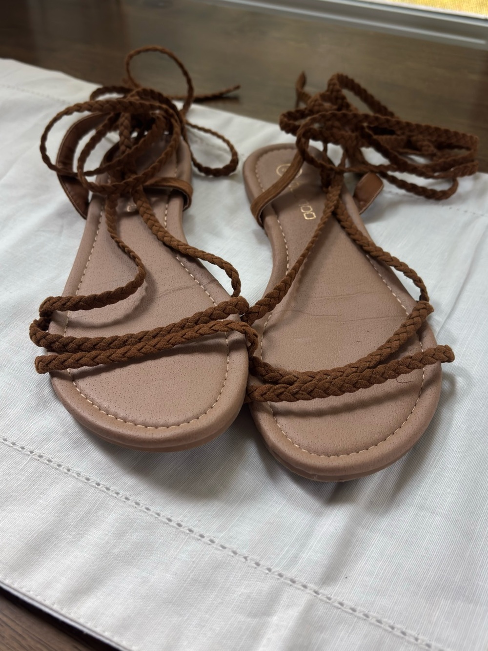 SHEIN Tan Brown Braided Lace-Up Sandals
